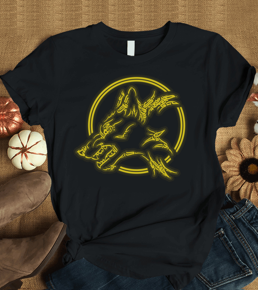 Gold Calligraphy Neon Wolf Three-Headed Circle T-Shirt