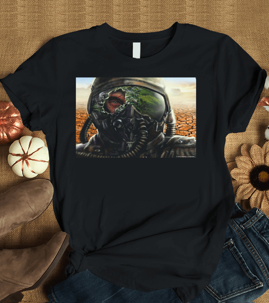 Aftermath Cracked Helmet Reflection Red Eye Desolate Landscape T-Shirt