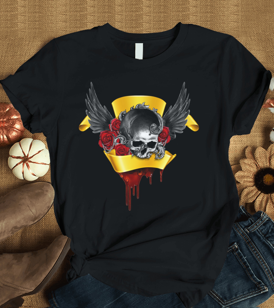 Golden Skull with Wings and Roses T-Shirt