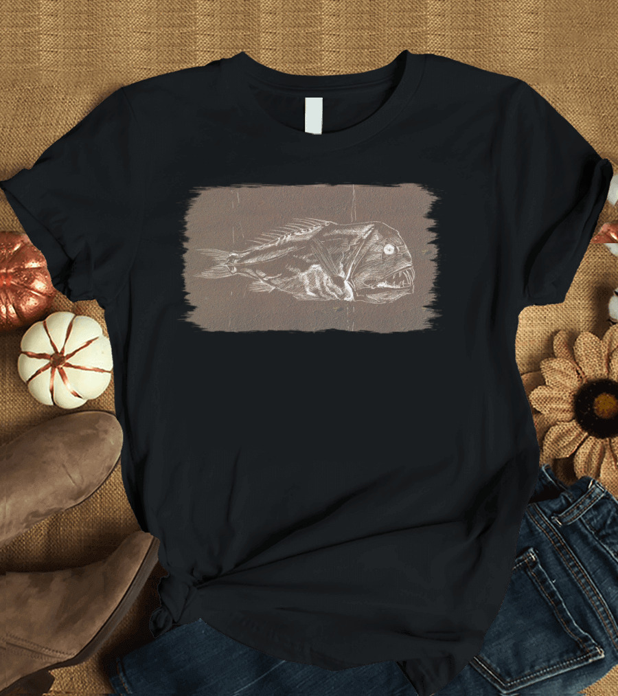Fish Fossil Skeletal Sketch on Rough Fragment Texture T-Shirt