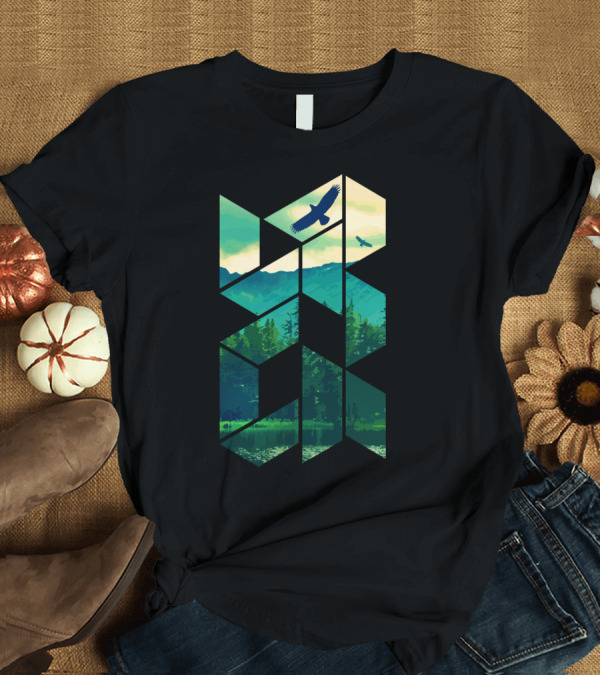 T-Shirt: Eagles Soaring Above Pines Forest Lake Scenic Geometric T-Shirt Eagles Soaring Above Pines Forest Lake Scenic Geometric T-Shirt