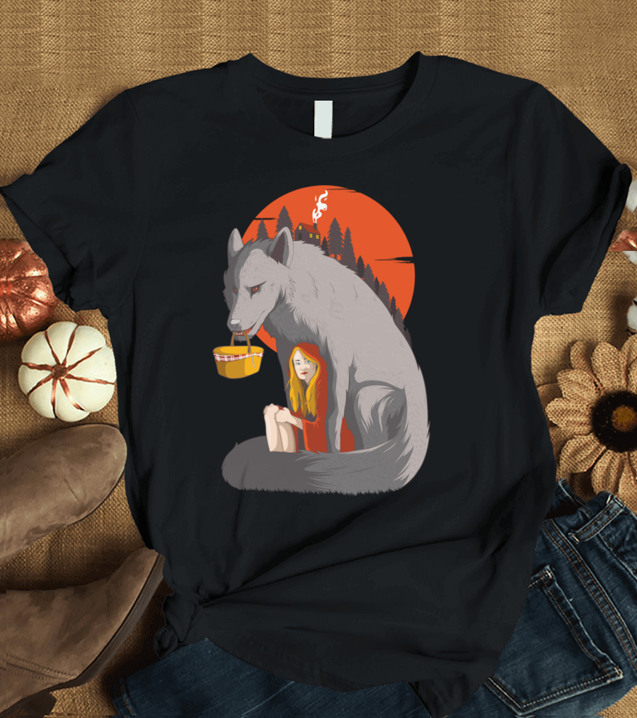 Big Good Wolf Little Red Riding Hood Picnic Basket Cabin Scene T-Shirt