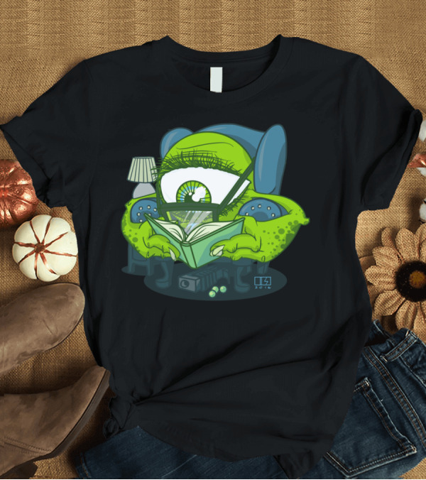 T-Shirt: Big Green Eyeball Monster Reading a Book in Armchair T-Shirt Big Green Eyeball Monster Reading a Book in Armchair T-Shirt