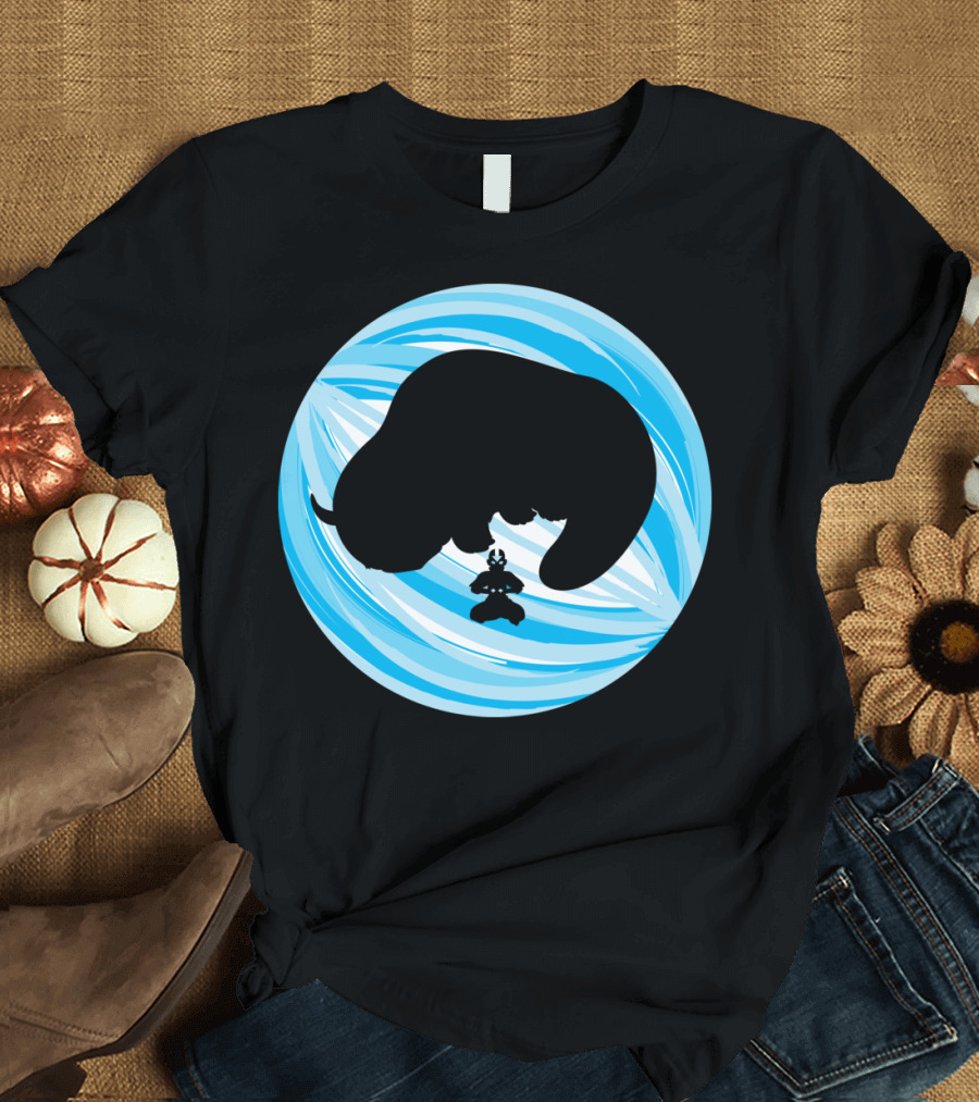 100 Years Appa and Aang Airbending Silhouette in Blue Circle T-Shirt