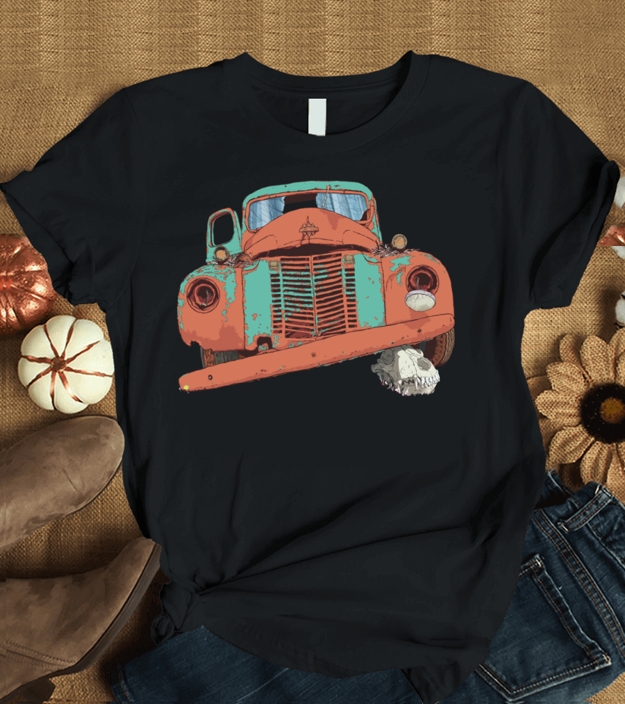 Rusted Vintage Truck with Wolf Skull T-Shirt