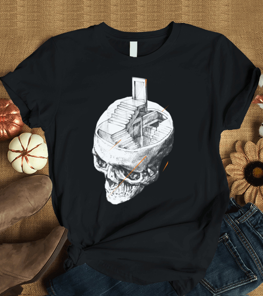 Stairway Inside Skull with Doorway and Steps Drawing T-Shirt