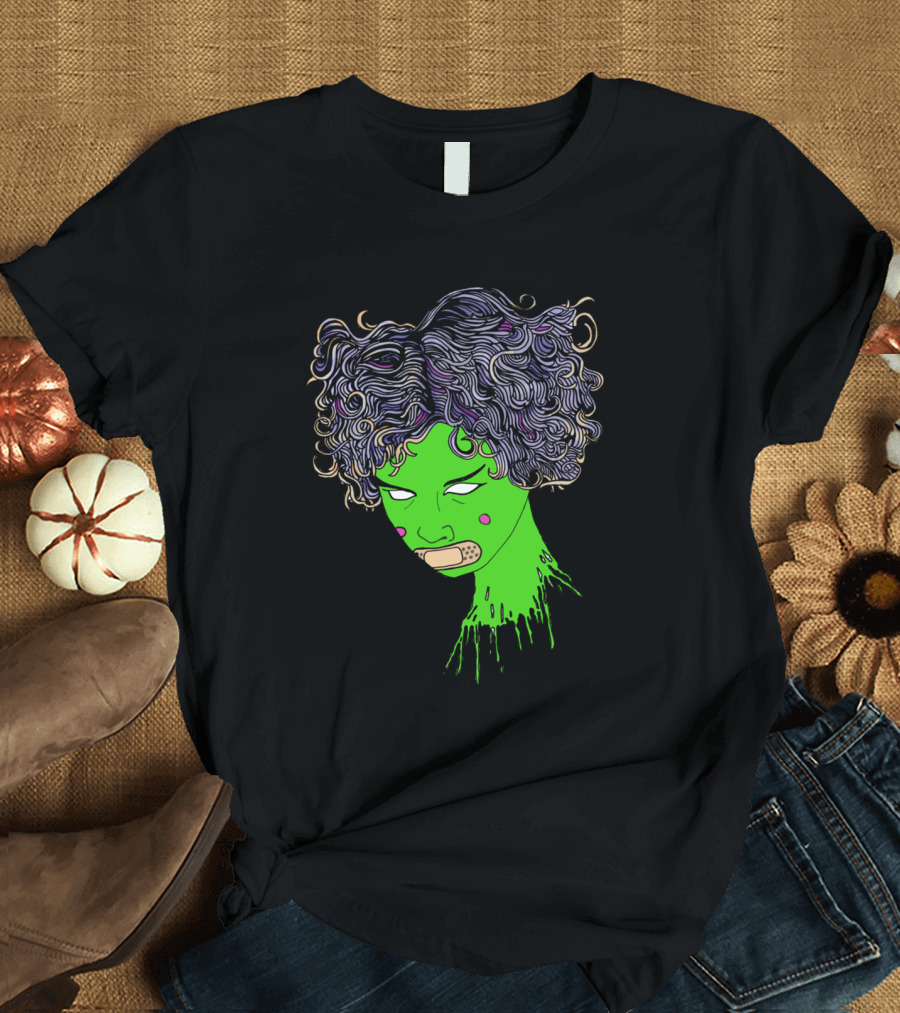 Pretty Little Head Zombie Style Curly Hair and Bandage on Green Face T-Shirt