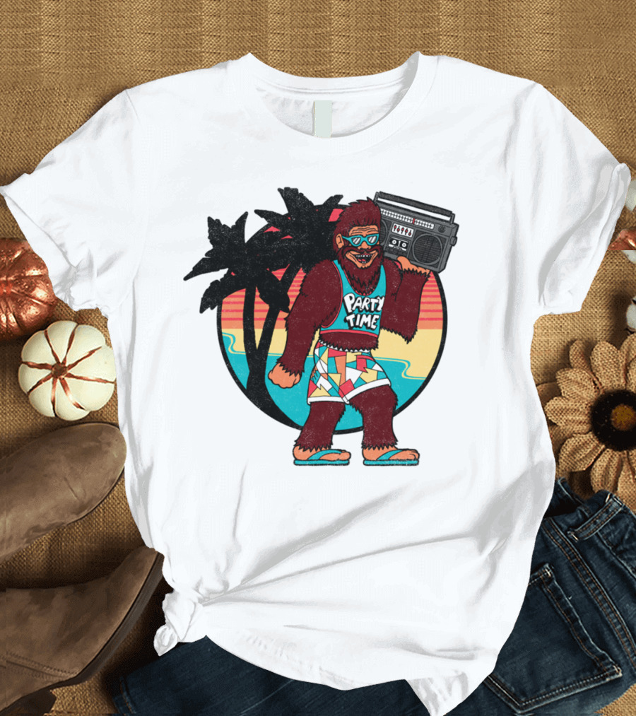 Party Time Bigfoot with Boombox and Palm Trees T-Shirt