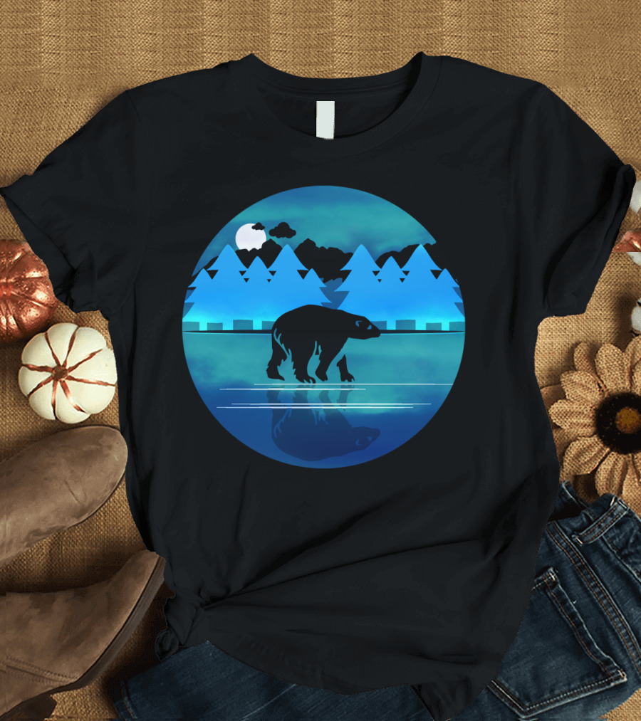 Alaska By Night Bear Reflection in Moonlit Forest Landscape T-Shirt