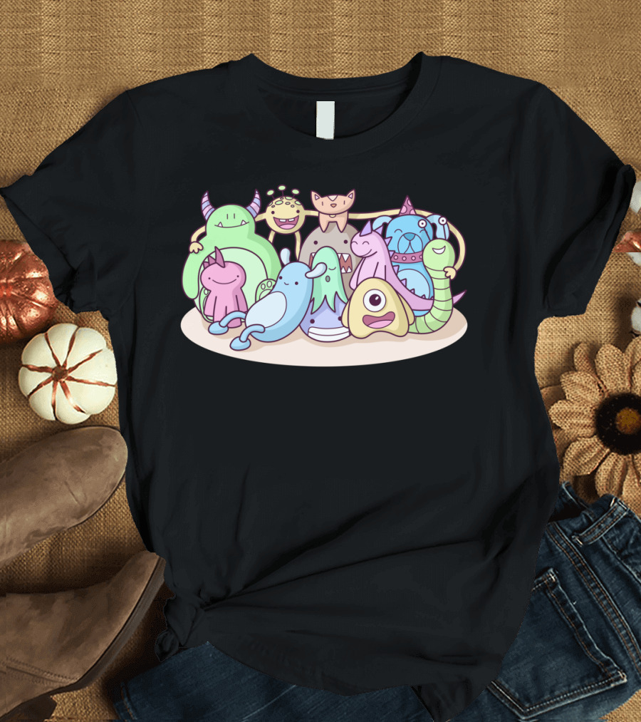Monster Family Photo Cute Cartoon Creatures Reunion T-Shirt