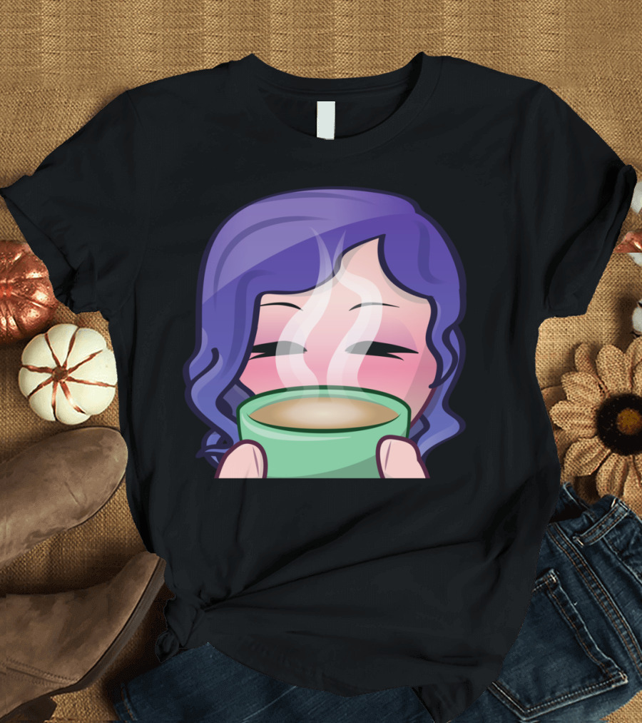 Coffee Is Love Coffee Is Life Anime Girl Purple Hair Cup Steam Blushing T-Shirt