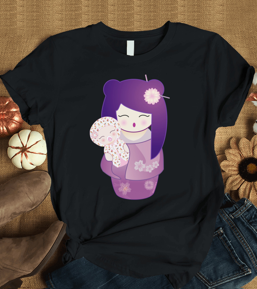 Kokeshi Doll Mother and Baby in Floral Kimono T-Shirt