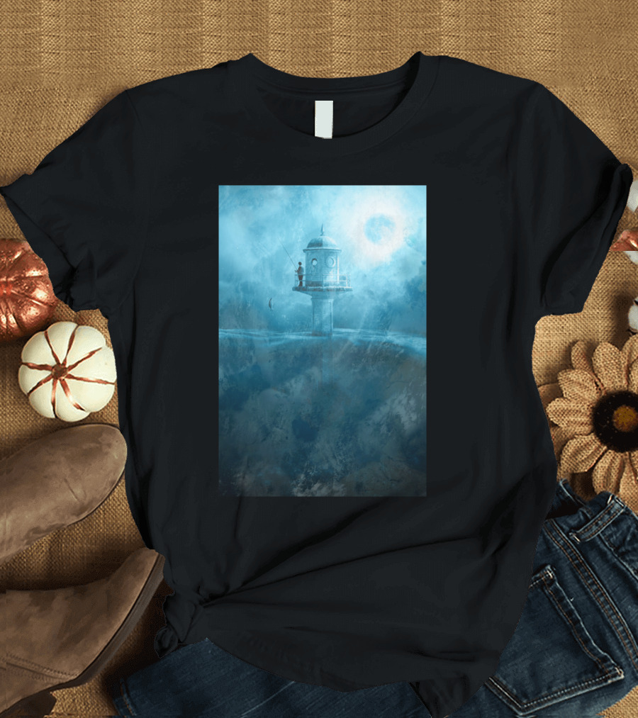 Fish Rising BL Lighthouse Fisherman in Dreamy Blue Landscape T-Shirt