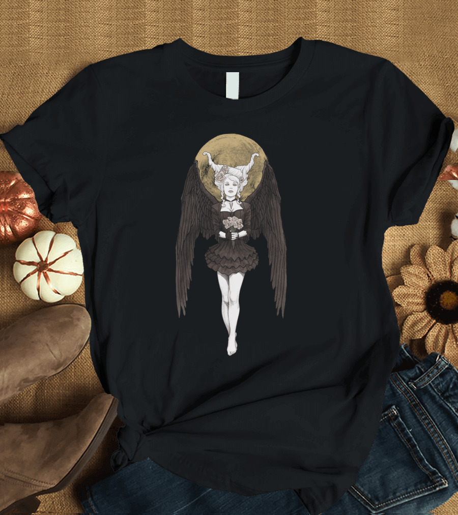 Dark Messenger Angel with Horns and Moon Background T-Shirt