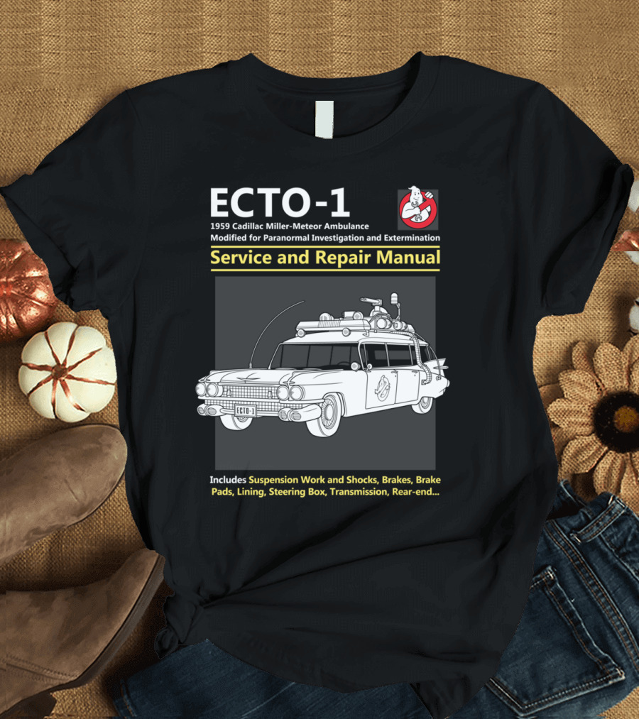 ECTO-1 1959 Cadillac Miller-Meteor Ambulance Modified for Paranormal Investigation and Extermination Service and Repair Manual T-Shirt