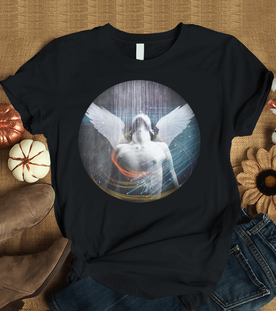 Dark Rain Angelic Transformation with Wings and Light Streaks T-Shirt