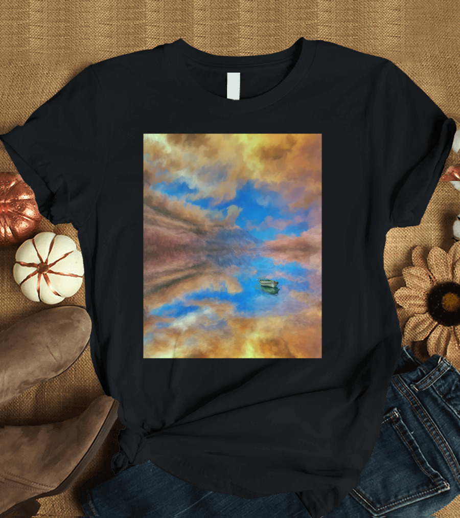 Edge of Heaven Boat on Reflective Sky Waters T-Shirt