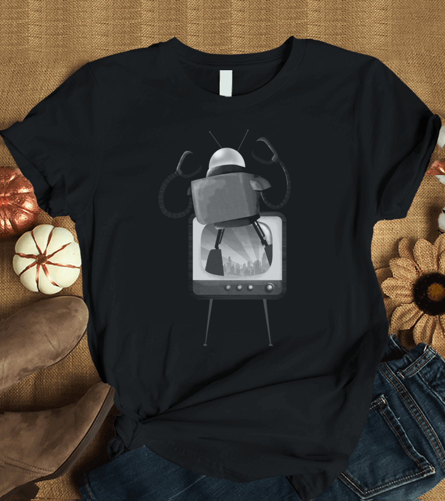 Retro Futuristic Robot on Vintage Television with Cityscape T-Shirt