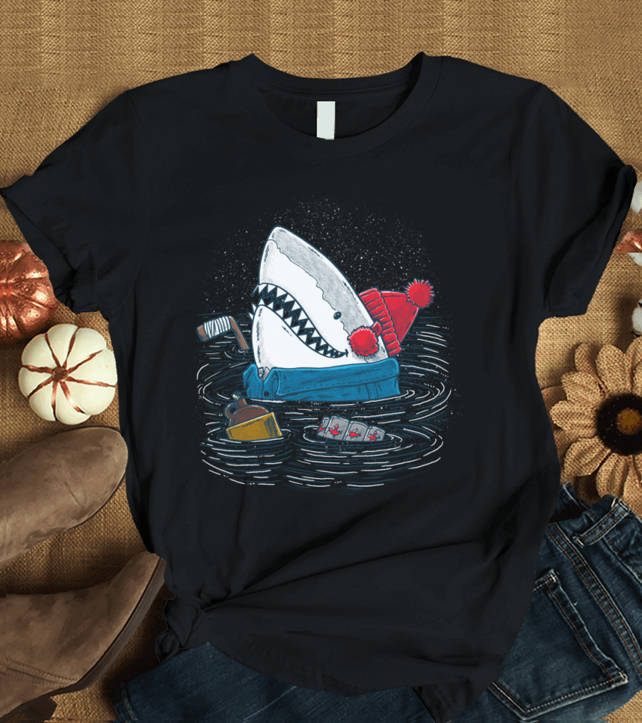 Great White North Shark with Beanie and Ice Floes T-Shirt