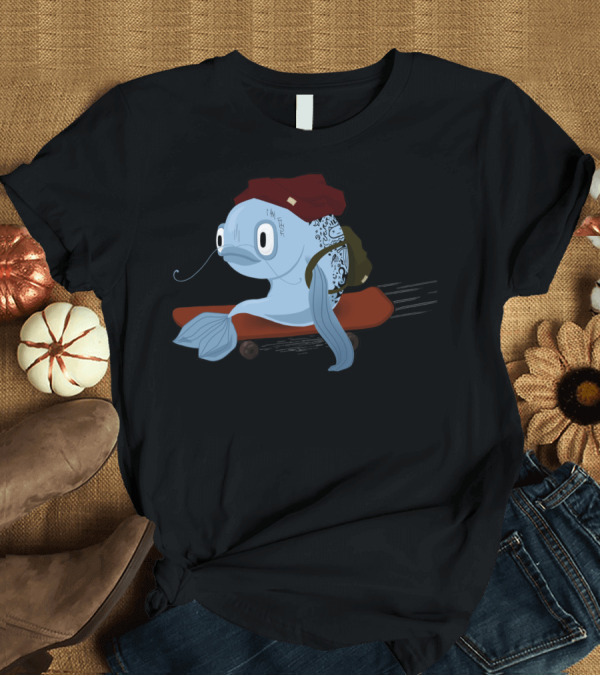 T-Shirt: Fish Skateboarding in Red Hat and Backpack T-Shirt Fish Skateboarding in Red Hat and Backpack T-Shirt