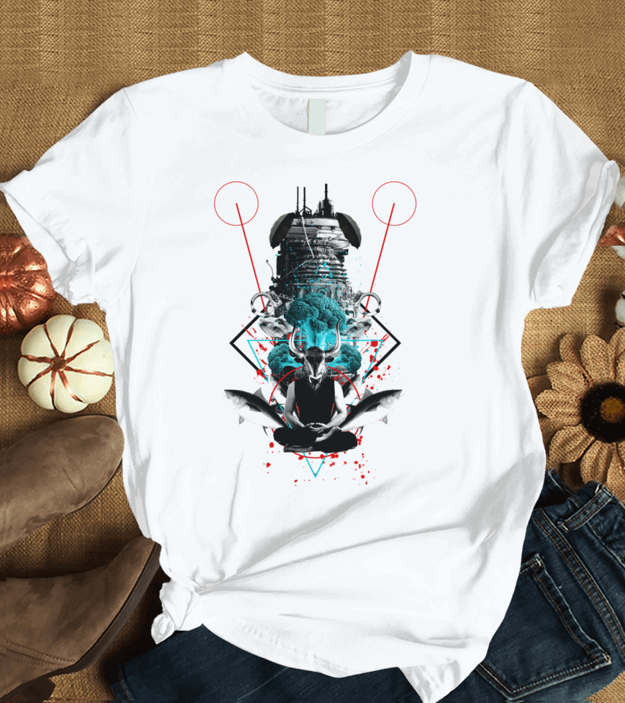 21st Century Totem Futuristic Meditation with Bull Skull and Fish Elements T-Shirt