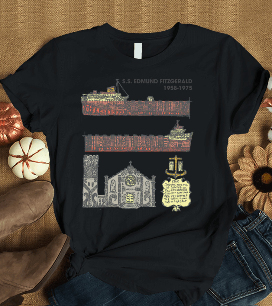 S.S. Edmund Fitzgerald 1958-1975 Ship Art and Lighthouse Scene T-Shirt