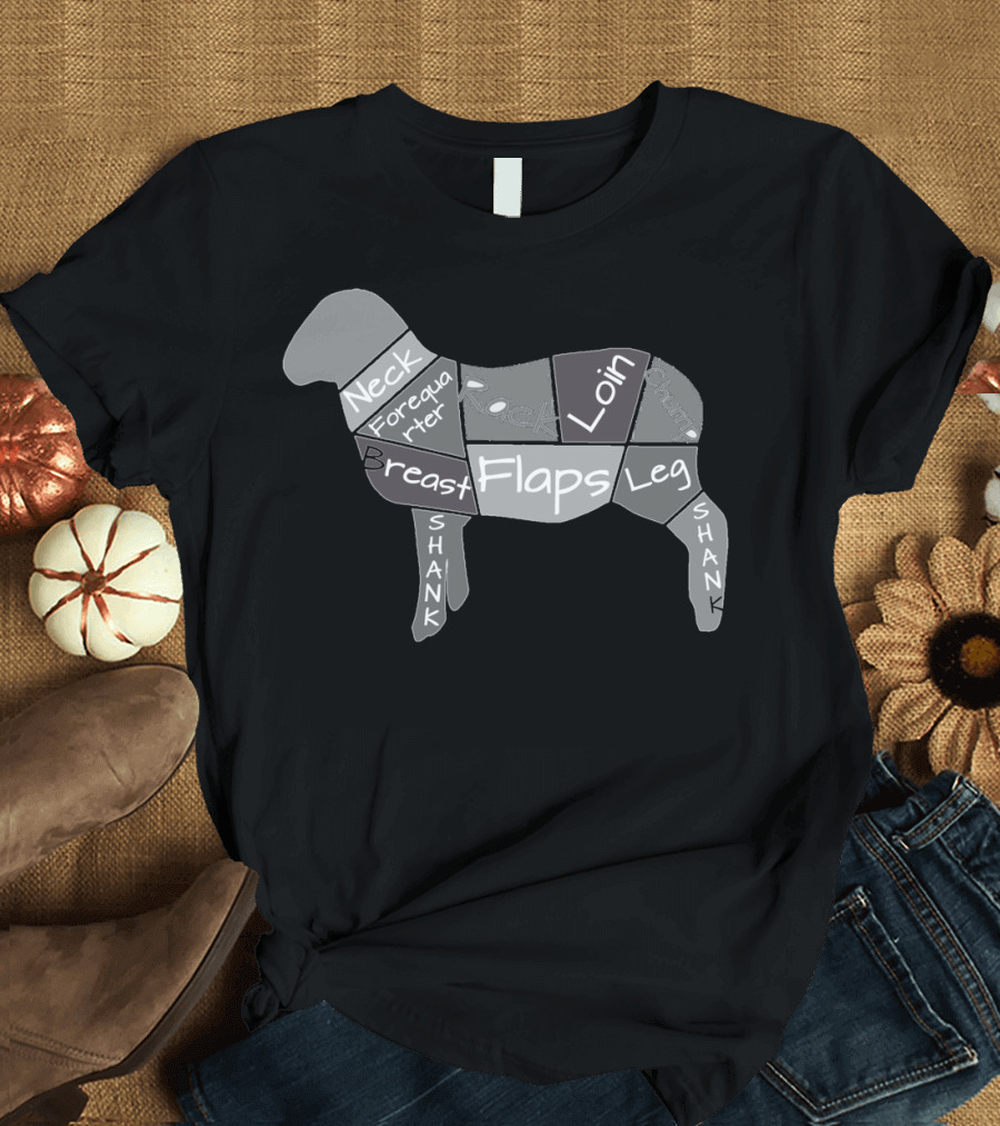 Labeled Butcher Cuts Diagram Lamb Neck Forequarter Breast Flaps Loin Leg Shank T-Shirt