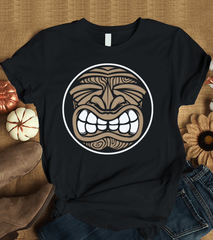 Tiki Face Icon with Tribal Design in Brown and White Circle T-Shirt