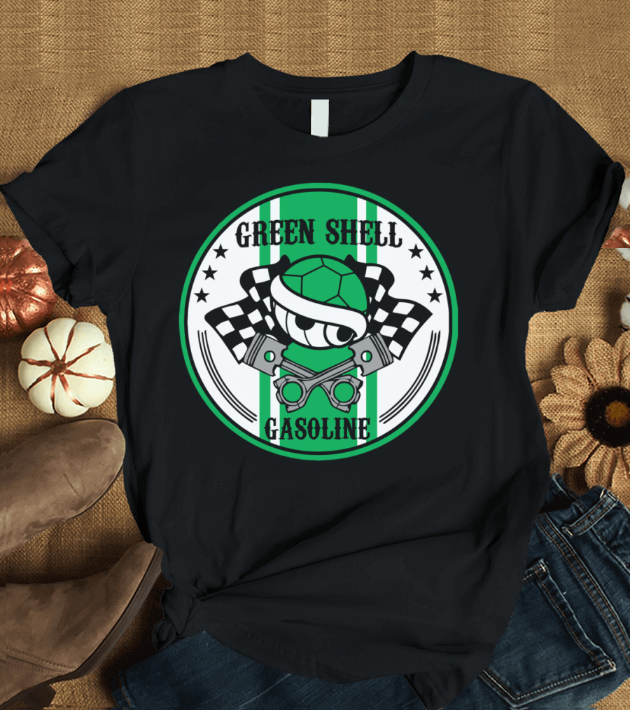 Green Shell Gasoline Racing Piston Checkered Flags T-Shirt