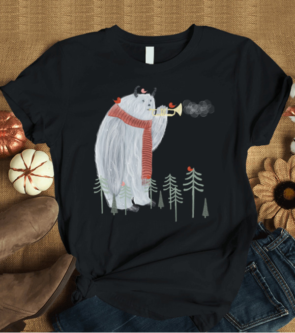 T-Shirt: Dawn Chorus Yeti Playing Trumpet with Birds in Forest T-Shirt Dawn Chorus Yeti Playing Trumpet with Birds in Forest T-Shirt