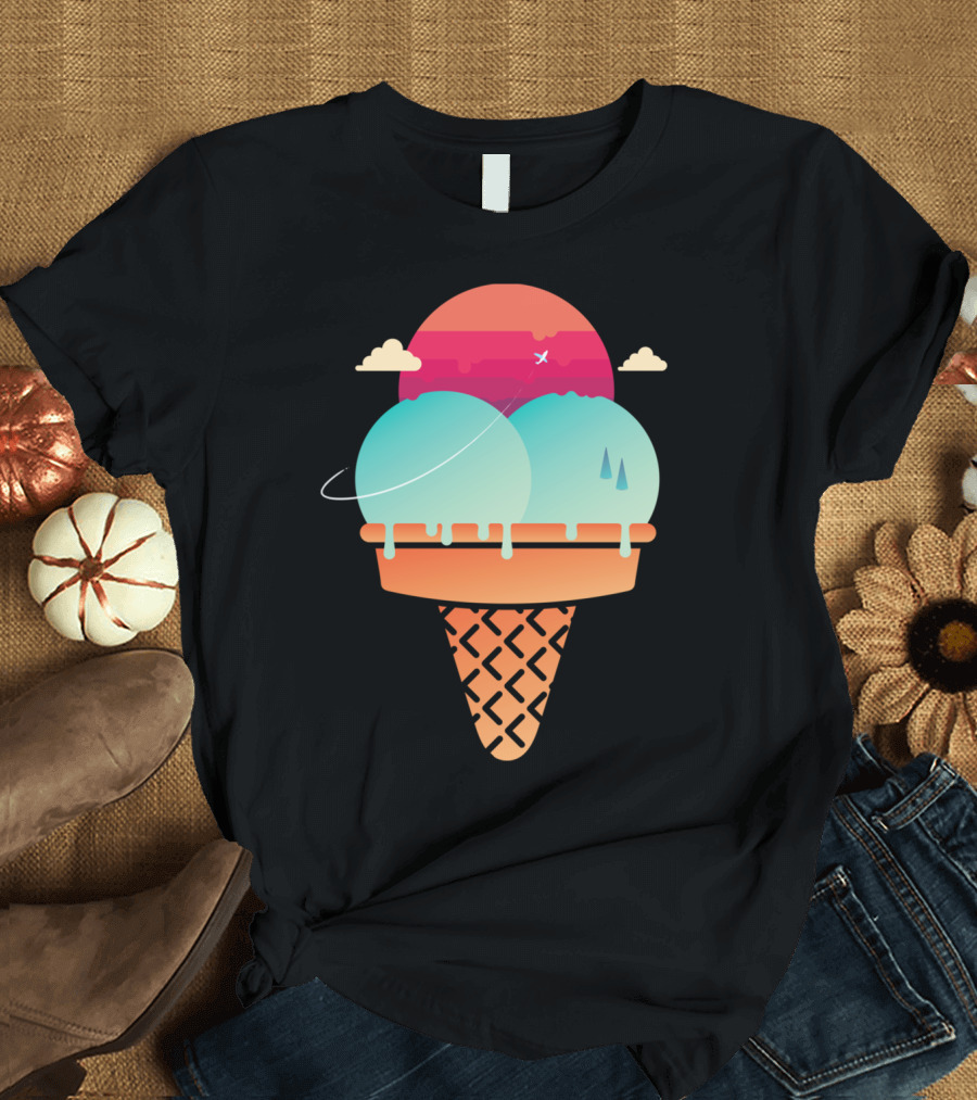 3 Scoops Of Free Ice Cream Cone Sunset Planets T-Shirt