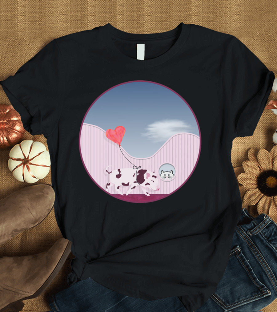 Baby Pig Love Balloon and Curious Cat in Pastel Landscape T-Shirt