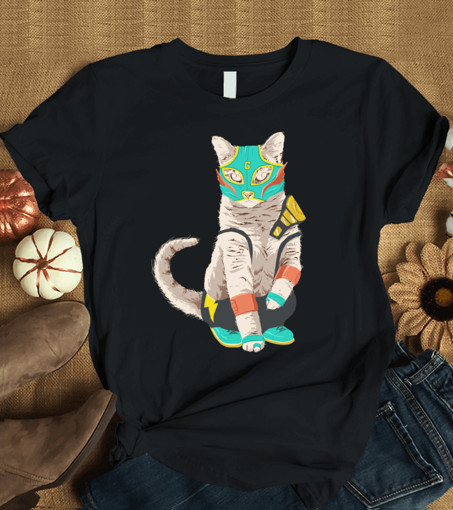 El Gato Luchador Mask Wrestler Cat with Bright Costume T-Shirt