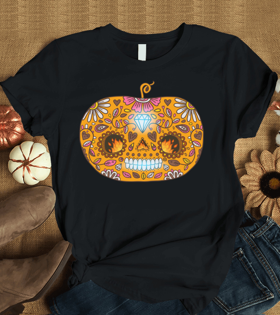 Day of the Dead Pumpkin Sugar Skull Diamond T-Shirt