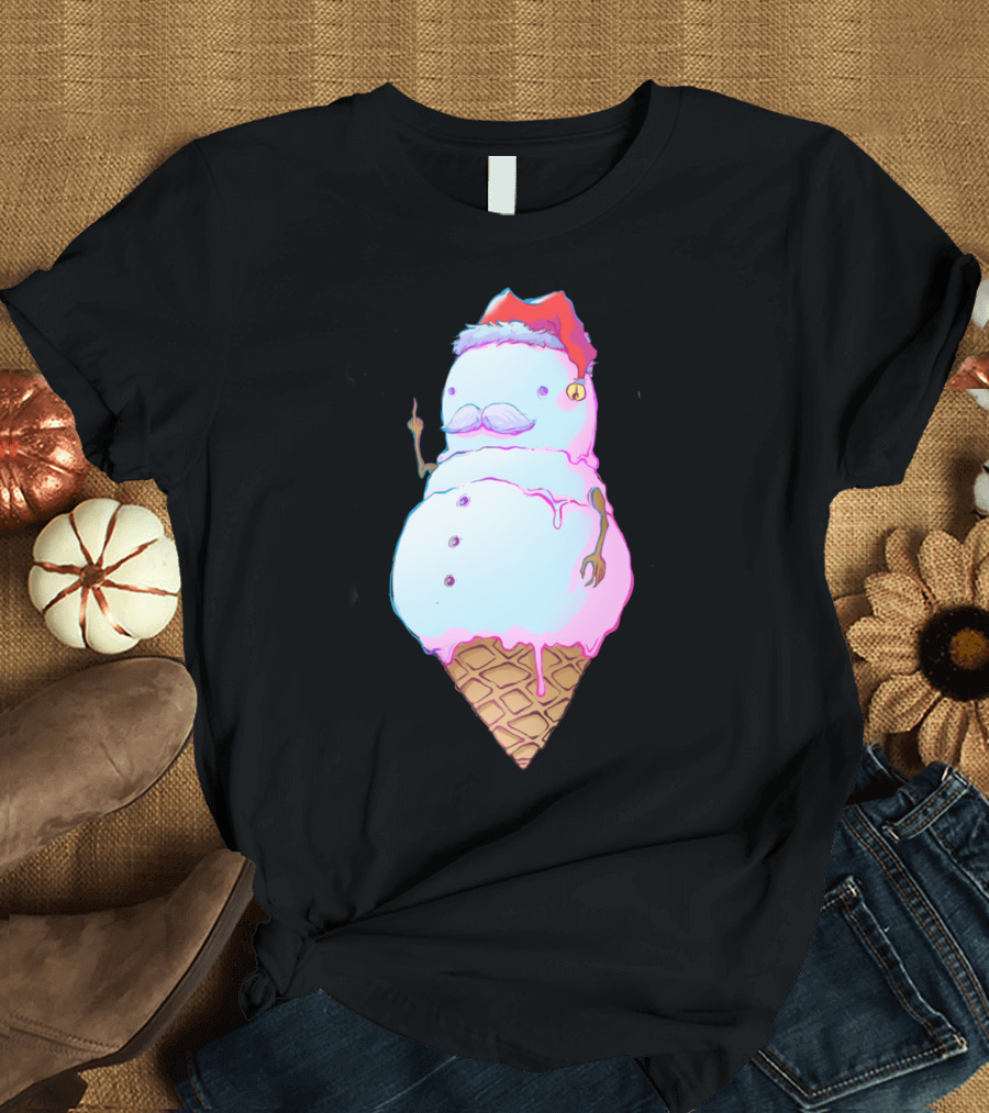 Christmas Ice Cream Cone Snowman with Santa Hat and Moustache T-Shirt
