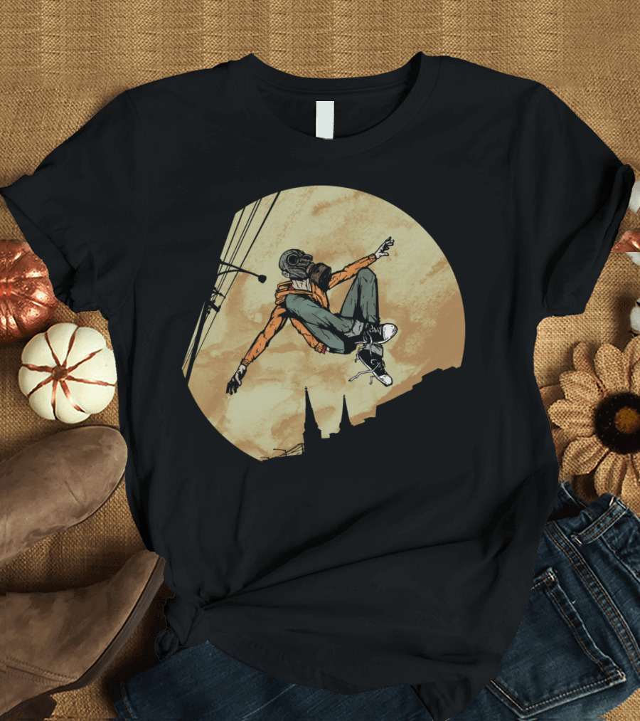 Leaping Leroy Gas Mask Jumping Over City Skyline at Night T-Shirt