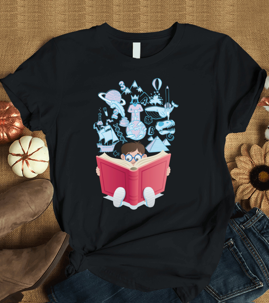Curious Child Exploring Space Dinosaurs and Adventures in Books T-Shirt