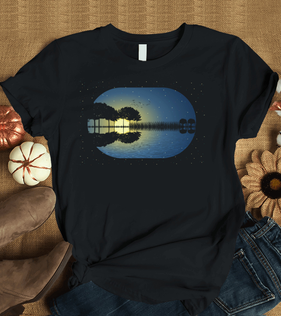 Guitar Island Moonlight Reflection with Trees and Bright Yellow Moon T-Shirt