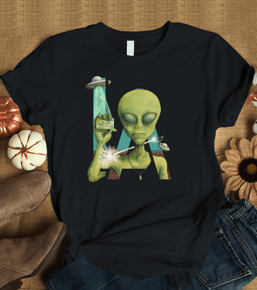 UFO Beaming Alien with ID in LA Monogram T-Shirt