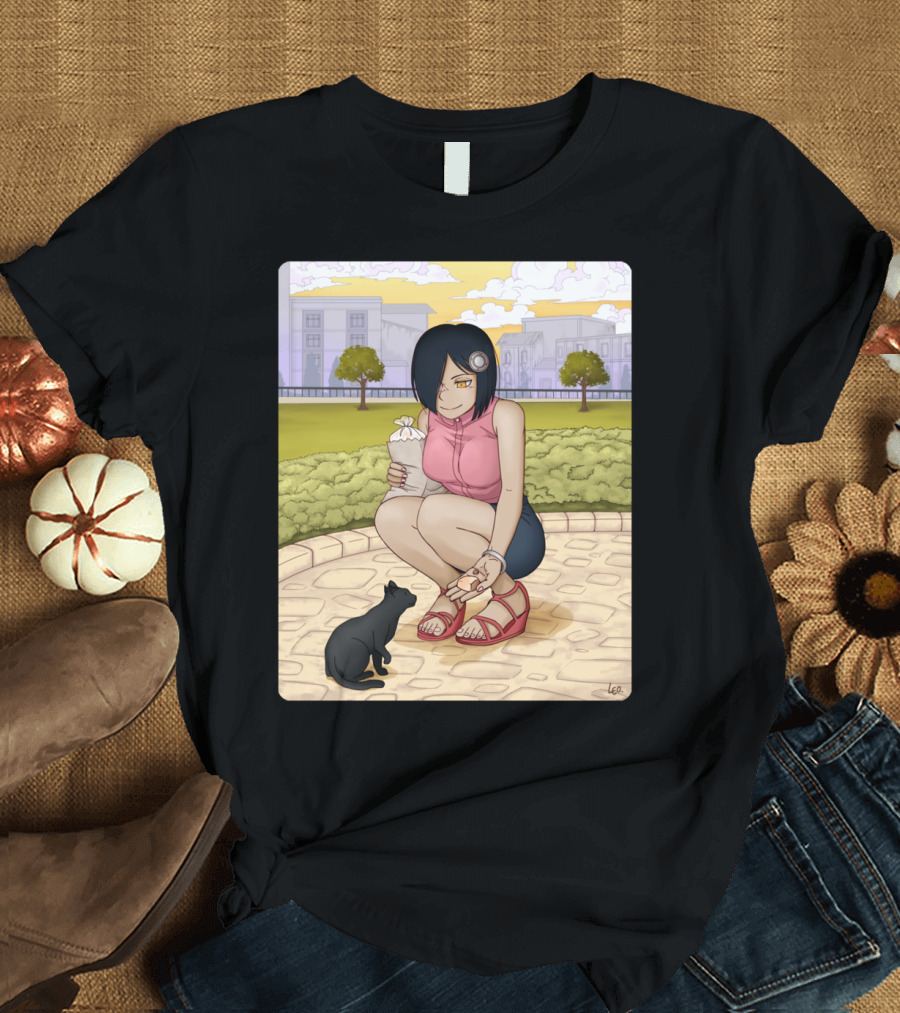 Lia Lourist Feeding Black Cat in Park Scene T-Shirt