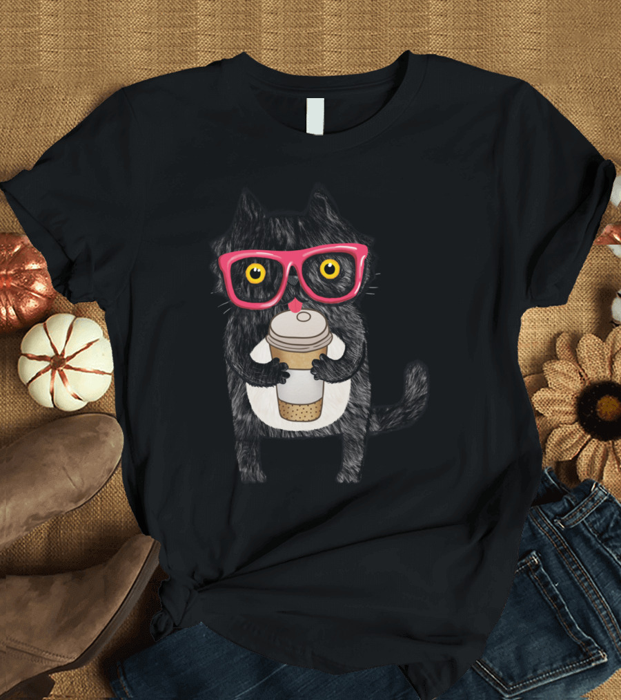Black Coffee Cat Red Glasses T-Shirt
