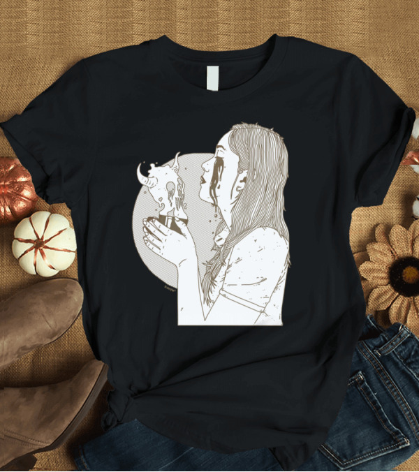 T-Shirt: Deadly Consumption Woman with Crying Eyes Holding Demon Cup T-Shirt Deadly Consumption Woman with Crying Eyes Holding Demon Cup T-Shirt