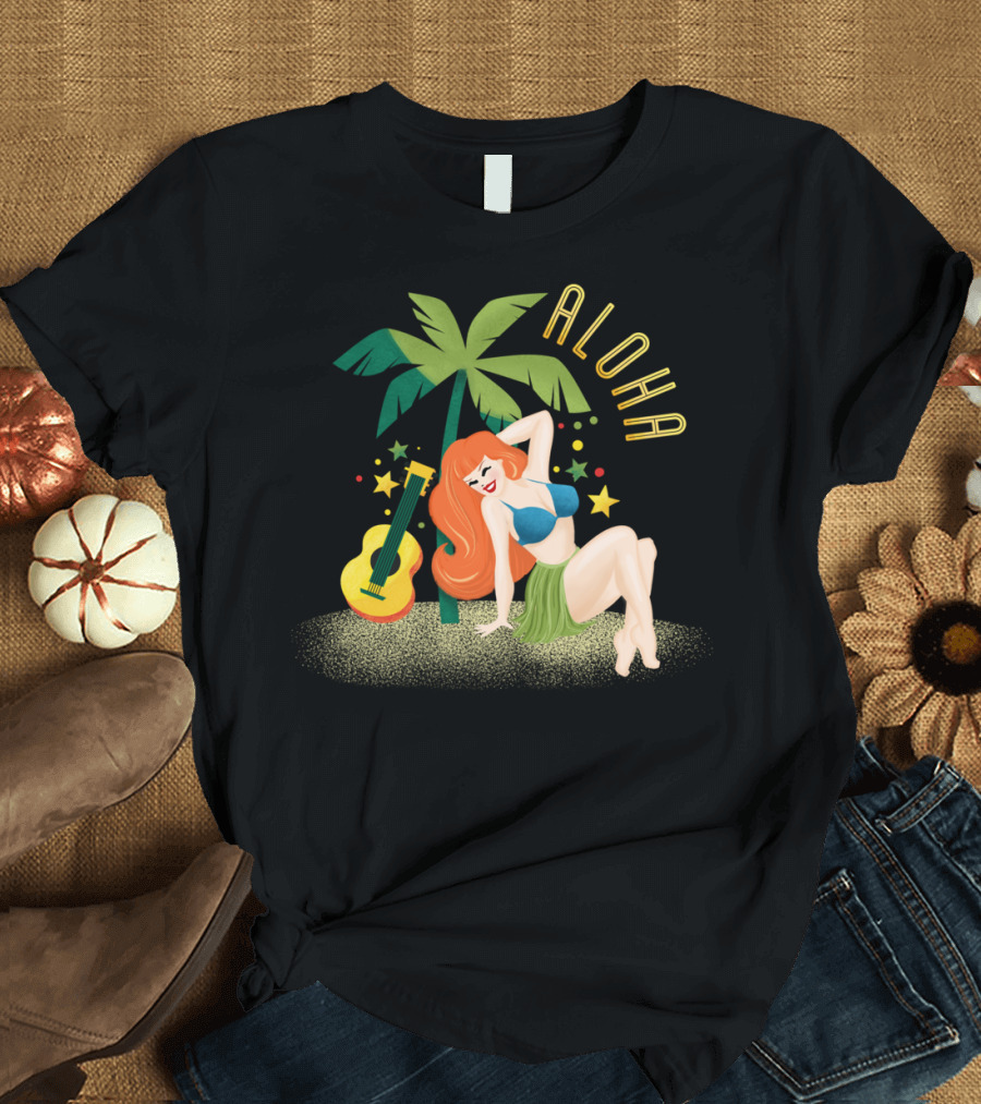 Aloha Sunny Hawaii Girl Palm Tree Guitar T-Shirt