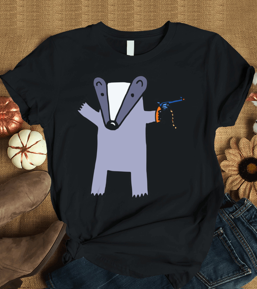 Badger Holding a Blue Cap Gun with Orange Handle T-Shirt