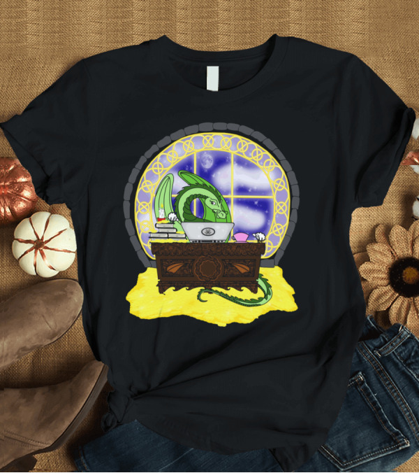 T-Shirt: The Workaholic Dragon at a Desk with Books and Laptop in Front of a Starry Window T-Shirt The Workaholic Dragon at a Desk with Books and Laptop in Front of a Starry Window T-Shirt