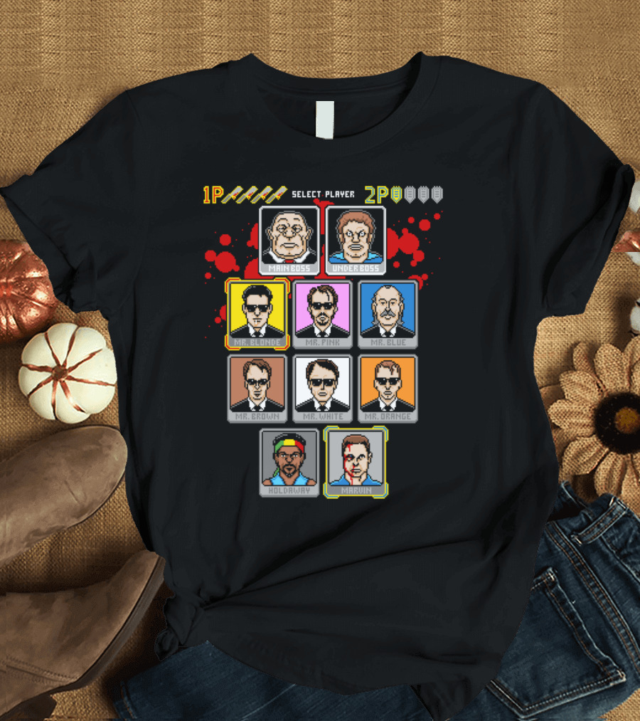 8 Bit Reservoir Characters Main Boss Underboss Mr Blonde Mr Pink Mr Blue Mr Brown Mr White Mr Orange Holdaway Marvin T-Shirt