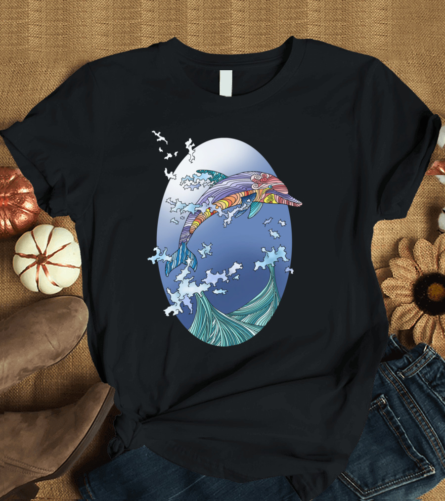 Colorful Dolphin Ocean Waves Psychedelic T-Shirt