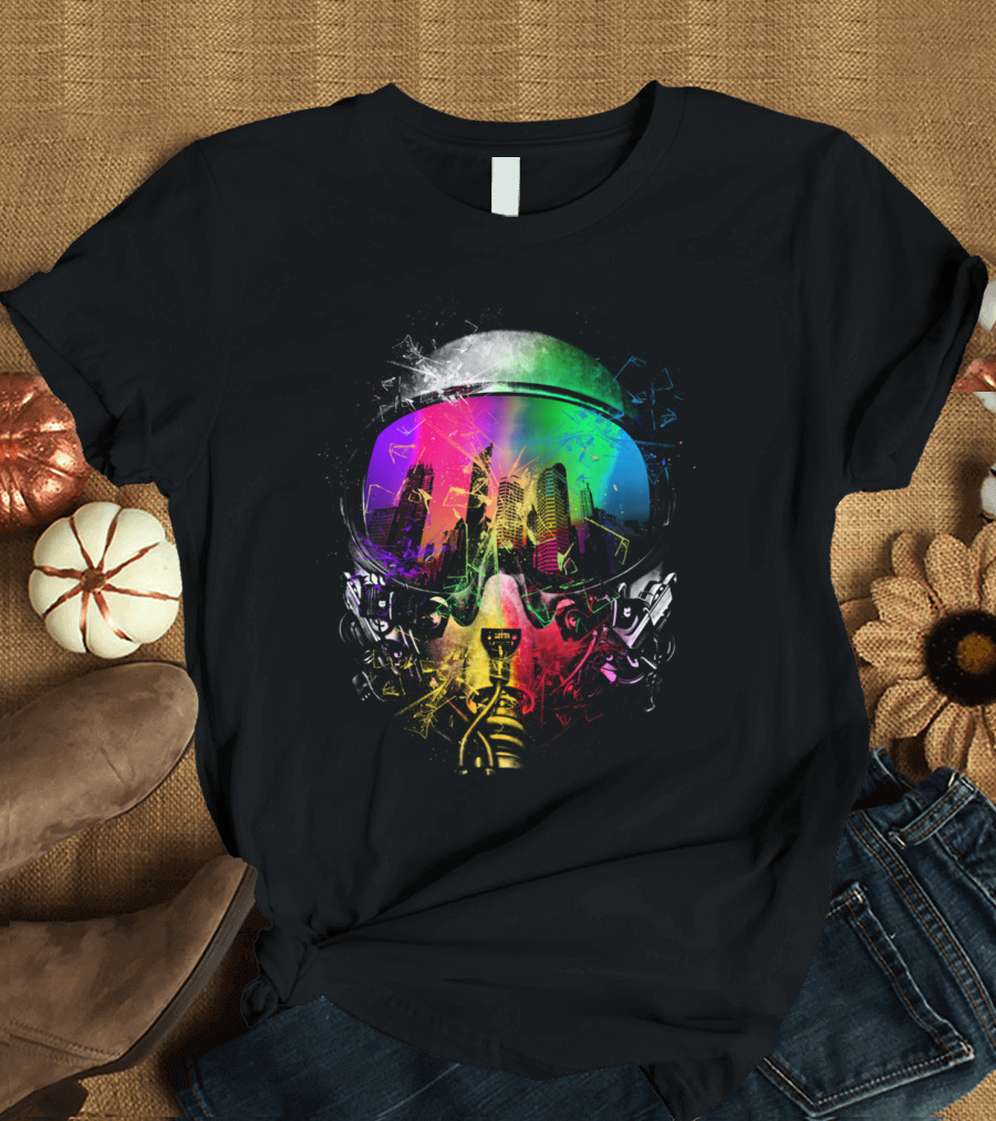 Colorful Eject Urban Pilot Helmet Cityscape Reflection T-Shirt