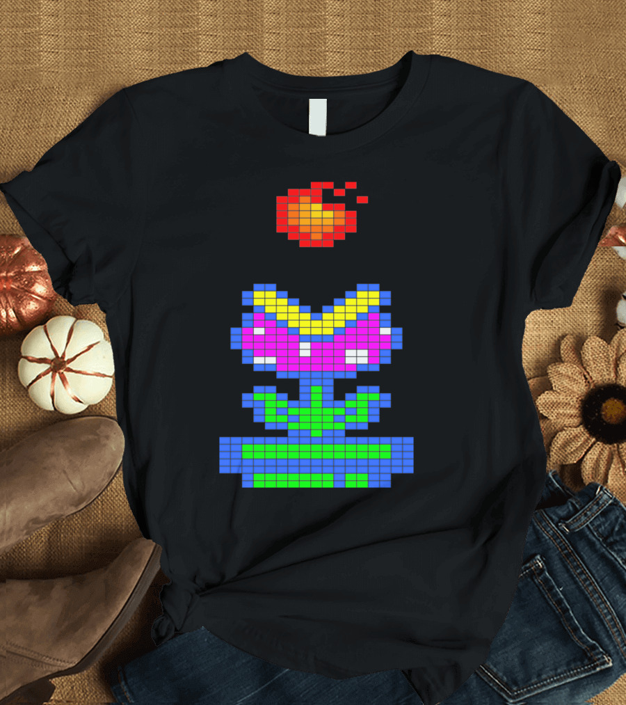 8 Bit Retro Fireball and Pixel Plant Blossom T-Shirt