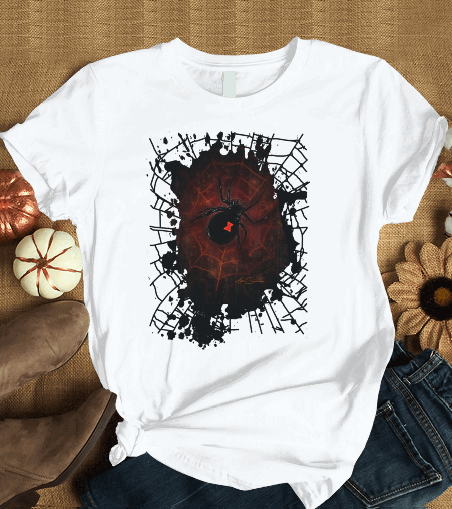 Black Widow Spider Web Design with Red Symbol Signature T-Shirt